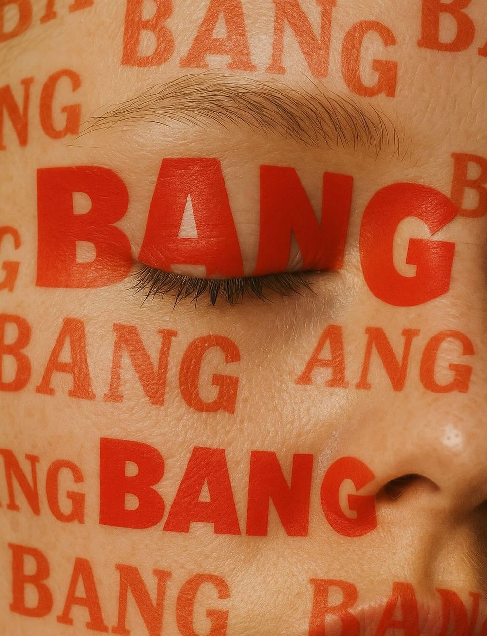 Face with BANG lettering projected