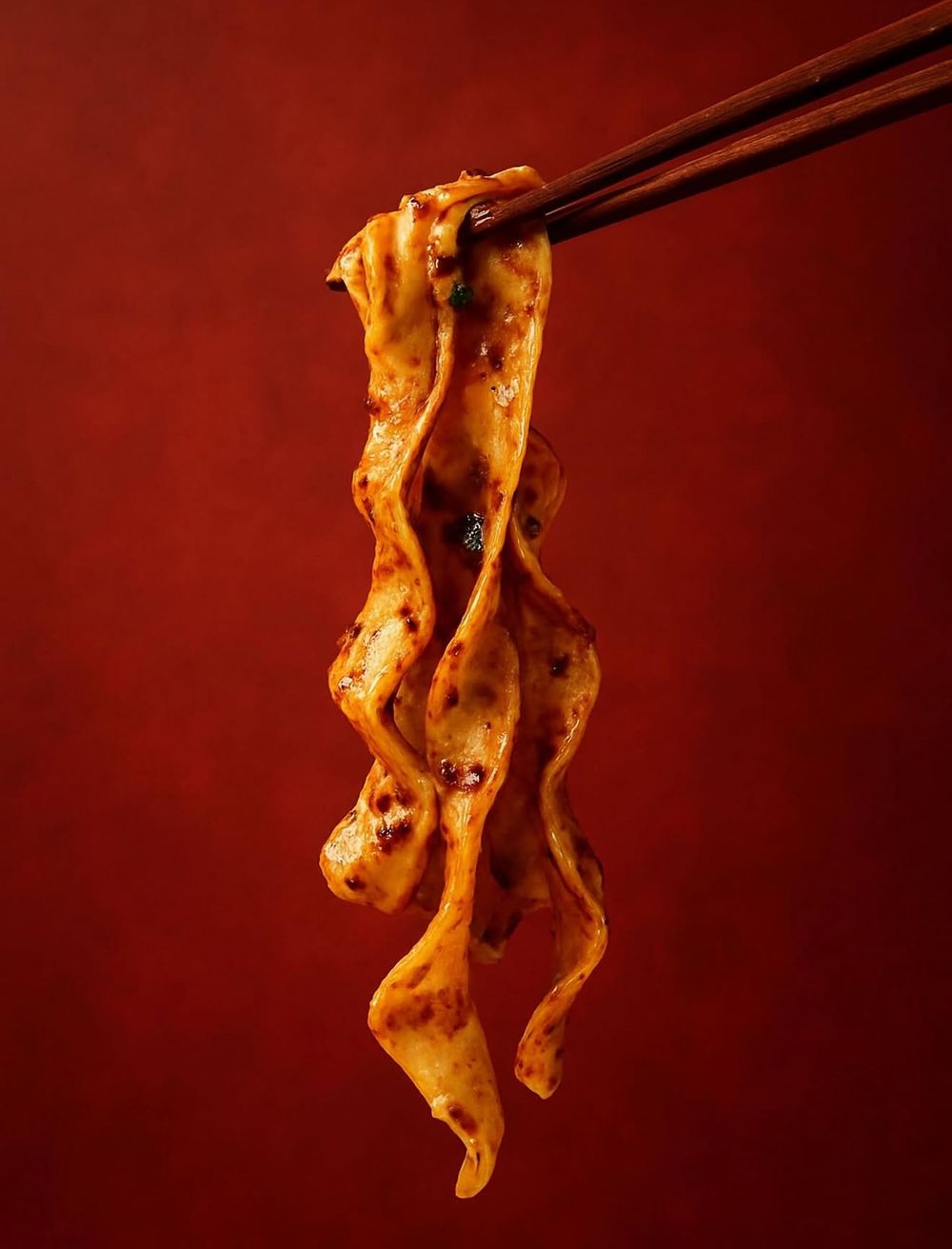 Noodles in chili oil held by chopsticks