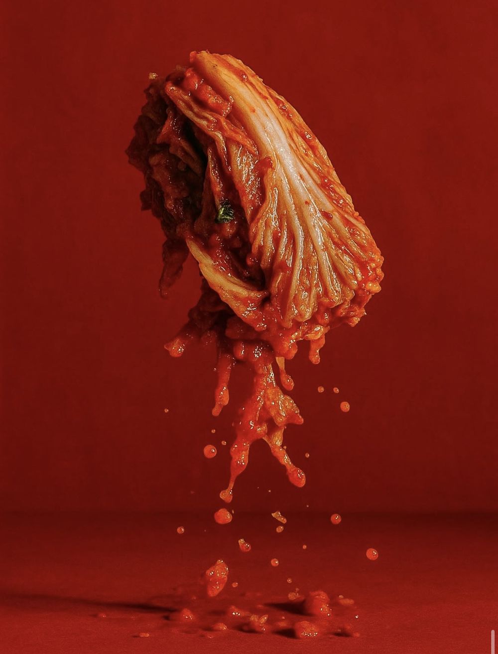 Kimchi falling against a red background